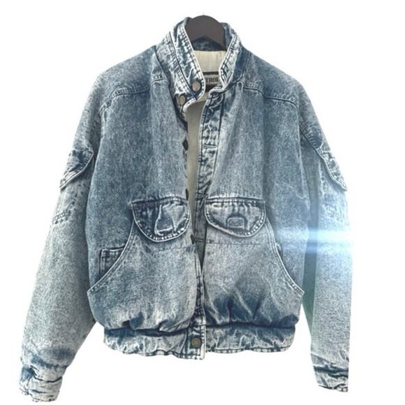 Vintage Denim Jacket unisex Pilot Bomber Military Puffer Biker Jean Acid Wash M - Picture 7 of 16